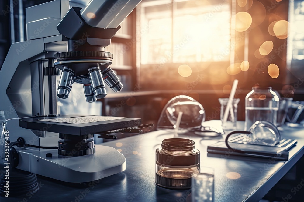 Poster laboratory table with a microscope and jars. generative ai