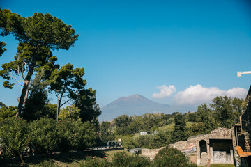 Fototapeta na wymiar View of Mount Vesuvius from Pompeii in Italy on a Clear Blue Day