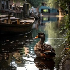 Obraz premium a duck in a river near a city created with Generative AI technology