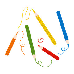 Obraz premium Set of colored pencils with scribble lines. Colorful crayons drawing strokes, heart. Art, creating, education concept. Back to school. Flat cartoon vector illustration