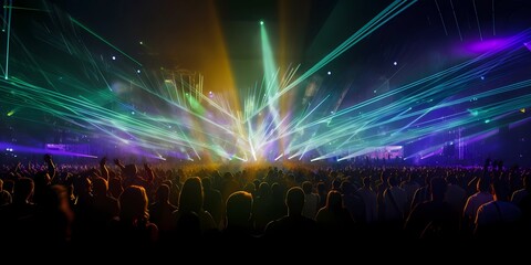 Fototapeta na wymiar Panorama live music concert crowd and audience with beams light show and concert lighting. Edm electronic techno music festival or rock show performance with crowded people silhouette. Generative AI