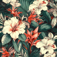 Tropical wallpaper with pink and white flowers and leaves