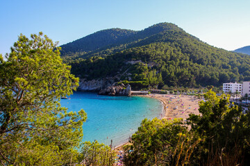 Aerial view of the mountains above the Cala de Sant Vicent in the east of Ibiza in the Balearic islands