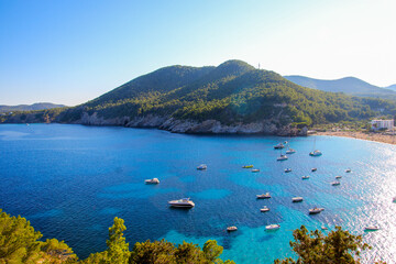 Aerial view of the bay of Cala de Sant Vicent in the east of Ibiza in the Balearic islands