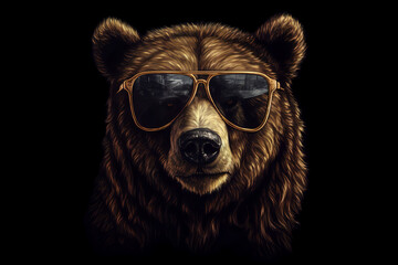 Cute Bear with Sunglasses on Black Background Generative AI