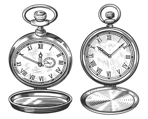 Fototapeta na wymiar Retro pocket watch with lid. Vintage clock isolated. Hand drawn sketch illustration in old engraving style