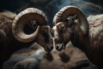 Two rams engage in horn combat. Generative AI - obrazy, fototapety, plakaty