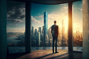 Fototapeta na wymiar A person standing in front of a large glass window, looking out at the city skyline, representing the idea of of clear vision and a long-term perspective in achieving business success. Generative AI
