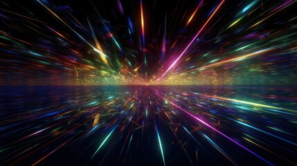 abstract dark background of light with stripes of multicolored rays moving from the center. Generative AI