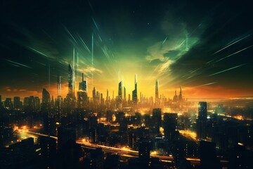 Fototapeta premium light illustration of a city at night created with Generative AI technology