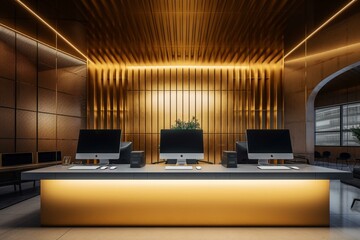 Modern reception desk with computers, golden backdrop, plant, and illuminated ceiling. Rendered in 3D. Generative AI