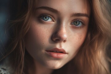 Fototapeta premium face of young woman with freckles created with Generative AI technology