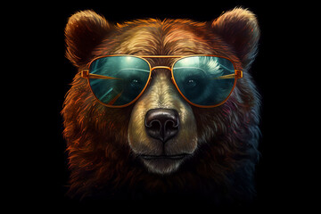 Cute Bear with Sunglasses on Black Background Generative AI