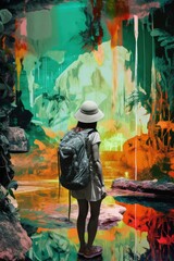 Obraz na płótnie Canvas Backpacker contemplating a very colorful cenote inside a cave, generative ai illustration