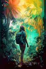 Backpacker walking bi a colorful jungle during sunset,  generative ai illustration