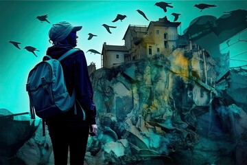 Illustration of a travelerstanding in front of a big mountain with a house while contemplating birds fying away, generative ai illustration