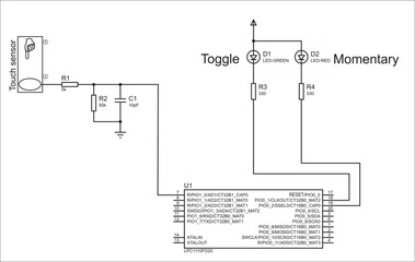 This electrical circuit demonstrates the use of touch
sensor with microcontroller. Schematic diagram of electronic device. Vector drawing.