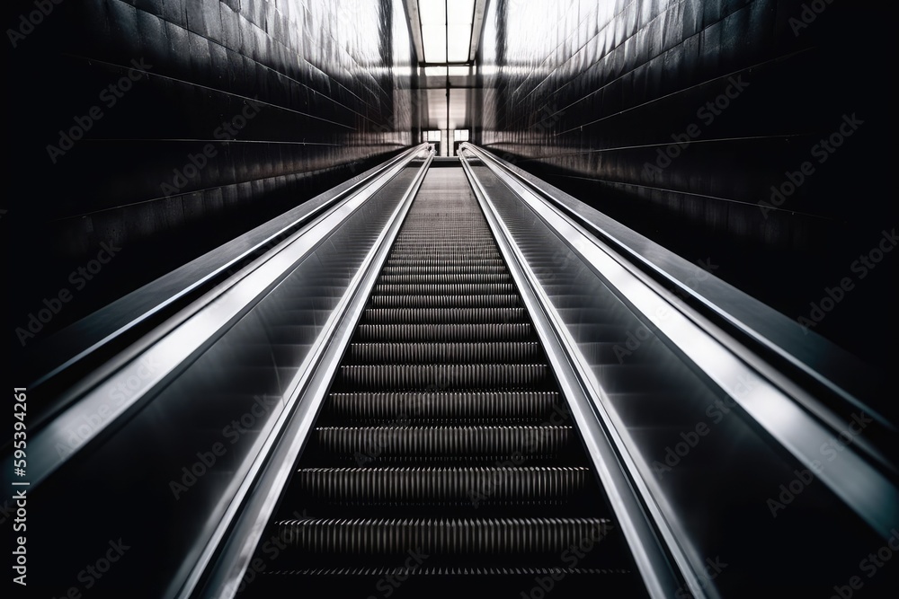 Poster an escalator in a subway station with a bright light at the end. generative ai