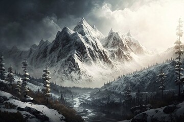 a beautiful valley and a gigantic snow covered mountain created with Generative AI technology