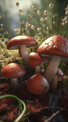 Close-up of fungi and mycelium growing outdoors in a natural habitat. AI generative