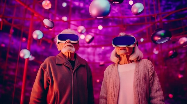 Senior couple in vr headset exploring metaverse world, bright boke background. Generative AI