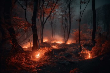Forest wildfire burns trees in red and orange hues at night. Generative AI