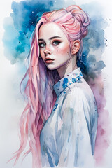 Watercolor, watercolor drawing, woman, girl with pink hair, painted portrait of a girl, Generative AI 