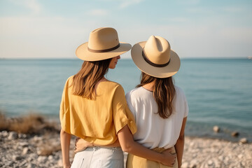 Fototapeta na wymiar Two lesbian women wearing hats looking out at the ocean