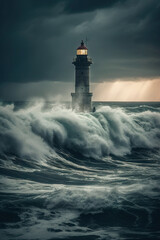 Fototapeta na wymiar Lighthouse In Stormy Ocean in the night time. Conceptual photography. AI-generated image