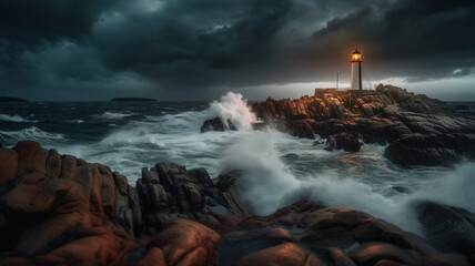 Lighthouse In Stormy Ocean in the night time. Conceptual photography. AI-generated image