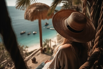 A woman wearing a straw hat looking out over a beach