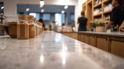 An empty kitchen counter worktop for product display. blurred people in the background  Generative AI