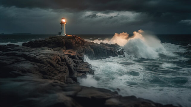 Lighthouse In Stormy Ocean in the night time. Conceptual photography. AI-generated image