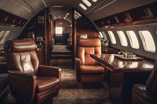 interior of private jet luxury plane with brown leather seats created with Generative AI technology