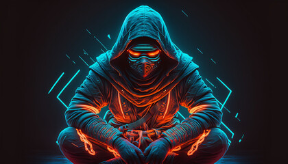 Meditation ninja neon AI Generated illustration