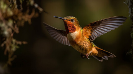 Fototapeta premium The Beautiful Endangered Rufous Hummingbird - Selasphorus Rufus - Generative AI.