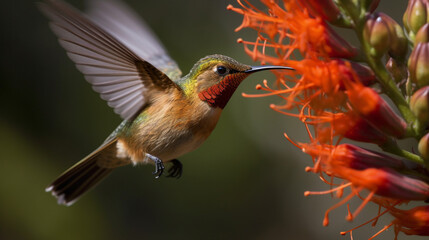 Fototapeta premium The Beautiful Endangered Rufous Hummingbird - Selasphorus Rufus - Generative AI.
