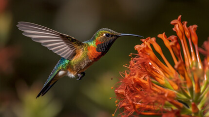 Fototapeta premium The Beautiful Endangered Rufous Hummingbird - Selasphorus Rufus - Generative AI.