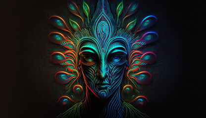 Fototapeta na wymiar Peacock face girl neon light AI Generated illustration on dark background