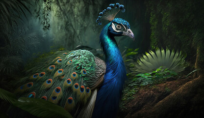 Fototapeta premium Peacock walking in a jungle AI Generated illustration