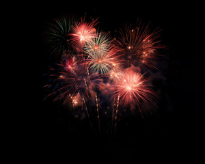 Dazzling fireworks light up the night sky, celebrating with a vivid display, shallow depth of field, Illustrative Generative AI