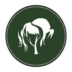 White tree logo on a dark green background. Illustration of a woody plant symbol in a circle. Chalk drawing on a blackboard. Stylized crown shape for a woman's hairstyle. Cutting and laying plants