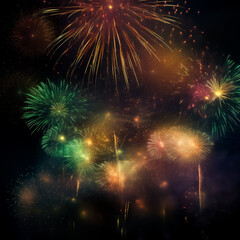Fototapeta premium Dazzling fireworks light up the night sky, celebrating with a vivid display, shallow depth of field, Illustrative Generative AI
