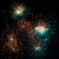Dazzling fireworks light up the night sky, celebrating with a vivid display, shallow depth of field, Illustrative Generative AI
