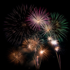 Dazzling fireworks light up the night sky, celebrating with a vivid display, shallow depth of field, Illustrative Generative AI