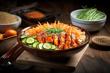 A bowl of Tteokbokki, Korean food on a table with chopsticks, AI generative food illustration