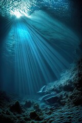 Obraz premium Underwater Sun Rays, Deep Water Sunlight, Under Sea Sunbeams Background, Abstract Generative AI Illustration