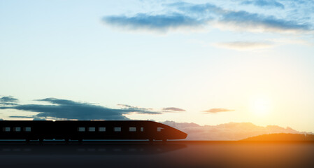 High speed train silhouette in motion at sunset. Fast moving modern passenger train on railway platform.