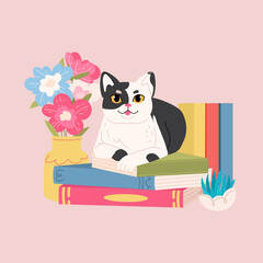 Cute cat sitting on book vector illustration isolated on pink background. Cozy home library. Book day