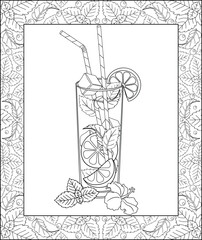 Glass with mojito, lime, mint and hibiscus flower - vector linear picture in a frame for coloring. Outline. A glass with a straw for drinking. Summer cocktail for coloring